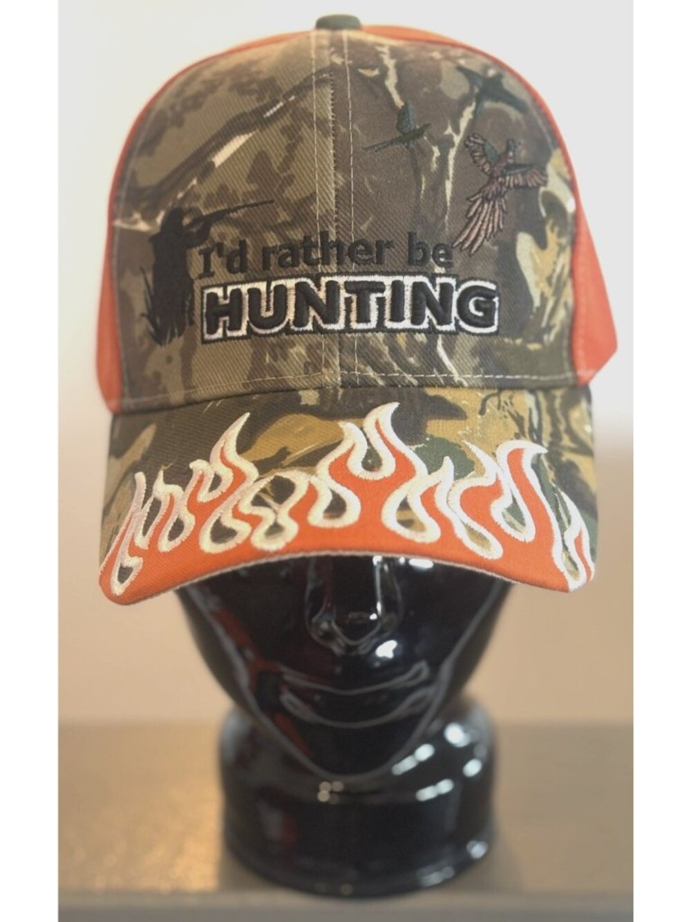 Vtg I'd Rather Be Hunting Hat with Flames Santo Brand Embroidered Pheasants Camo